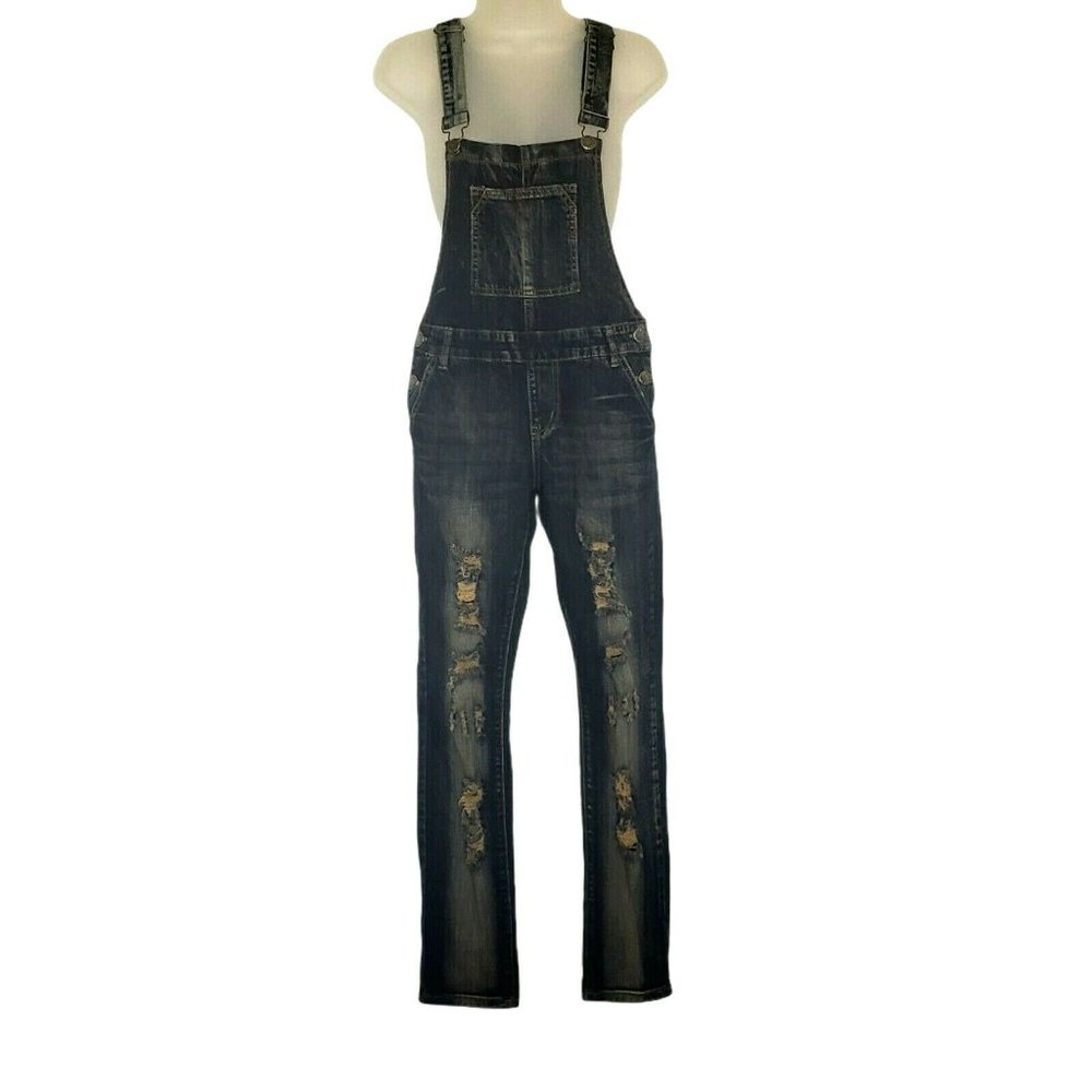 VIP‎ Jeans Distressed Dark Wash Denim Bib Overalls